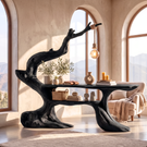 Handcrafted Sculptural Wood Desk with Hanging Light, Tree Inspired Writing Table, Artistic Statement Workspace