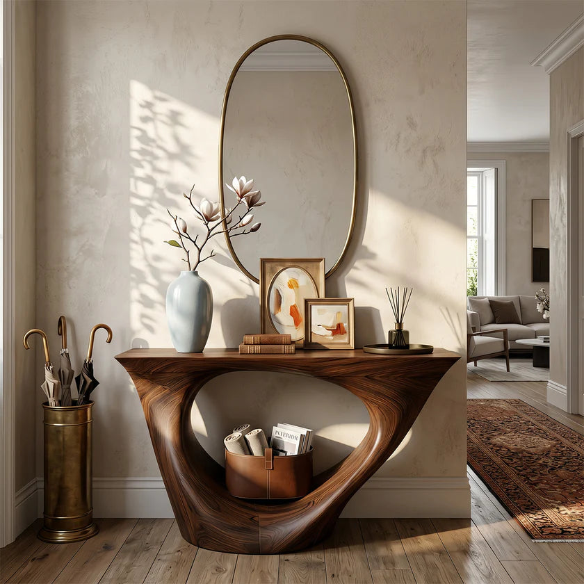 Organic Sculpted Solid Wood Console Table with Architectural Base