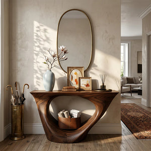 Organic Sculpted Solid Wood Console Table with Architectural Base