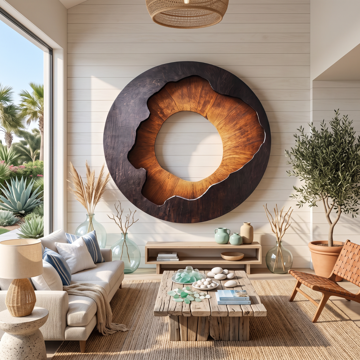 Solid Wood Round Wall Sculpture with Organic Open Center for Living Room Decor