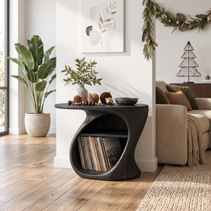 Organic Solid Wood Side Table with Open Shelf and Vinyl Record Storage