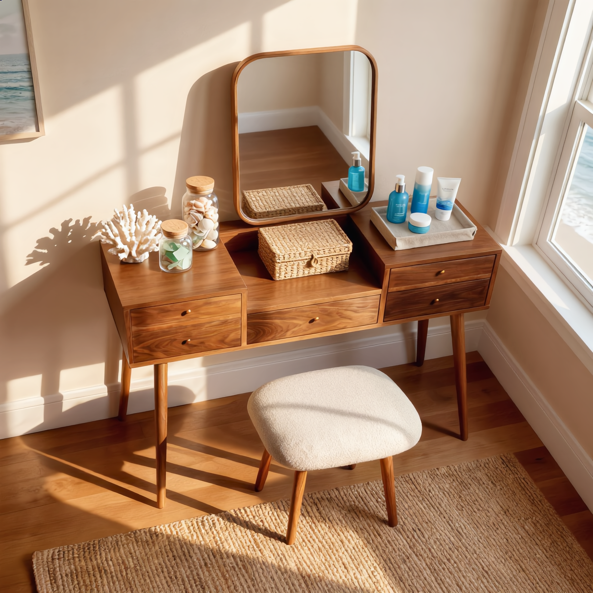 Mid Century Modern Wood Vanity Table with Drawers for Minimalist Bedrooms