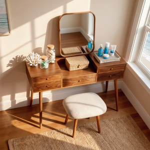 Mid Century Modern Wood Vanity Table with Drawers for Minimalist Bedrooms