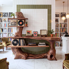 Organic Solid Wood Console Table with Sculptural Base and Open Tier Shelving Artistic Freeform Console Table