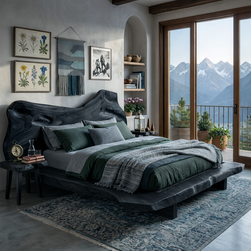 Natural Edge Solid Wood Bed with Sculpted Wave Headboard Design