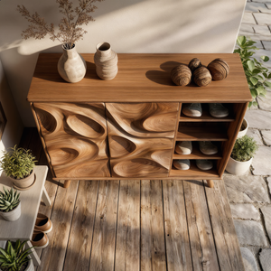 Handcrafted Solid Wood Shoe Cabinet with Sculptural Carved Doors for Entryways