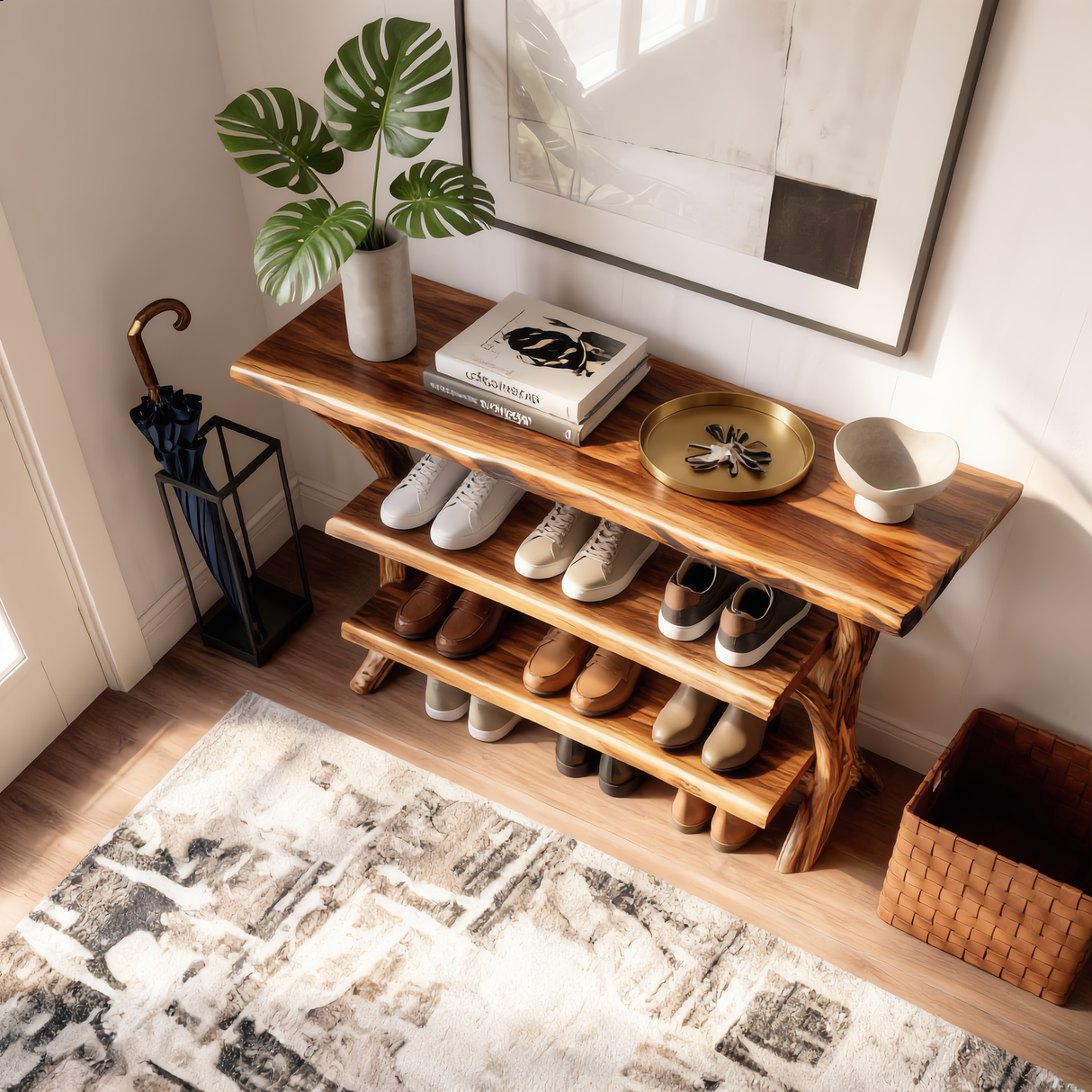 Handcrafted Solid Wood Shoe Rack Console with Open Shelving and Sculptural Branch Legs