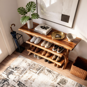 Handcrafted Solid Wood Shoe Rack Console with Open Shelving and Sculptural Branch Legs
