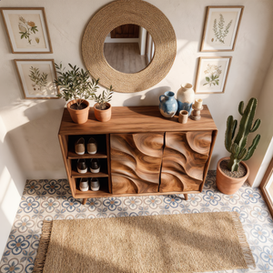 Handcrafted Solid Wood Shoe Cabinet with Sculptural Carved Doors and Open Side Shelves for Entryway