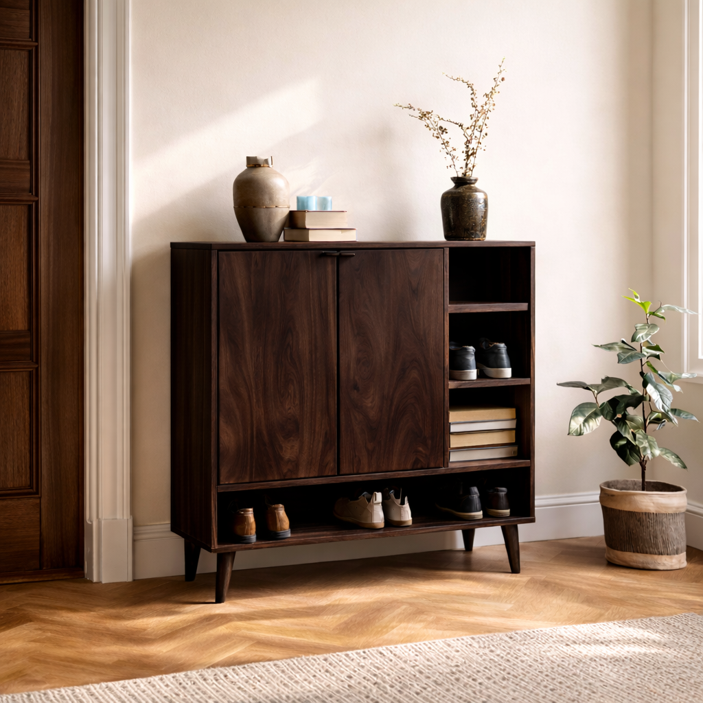 Handcrafted Solid Wood Shoe Cabinet with Double Doors and Open Side Shelf for Entryway and Hallway