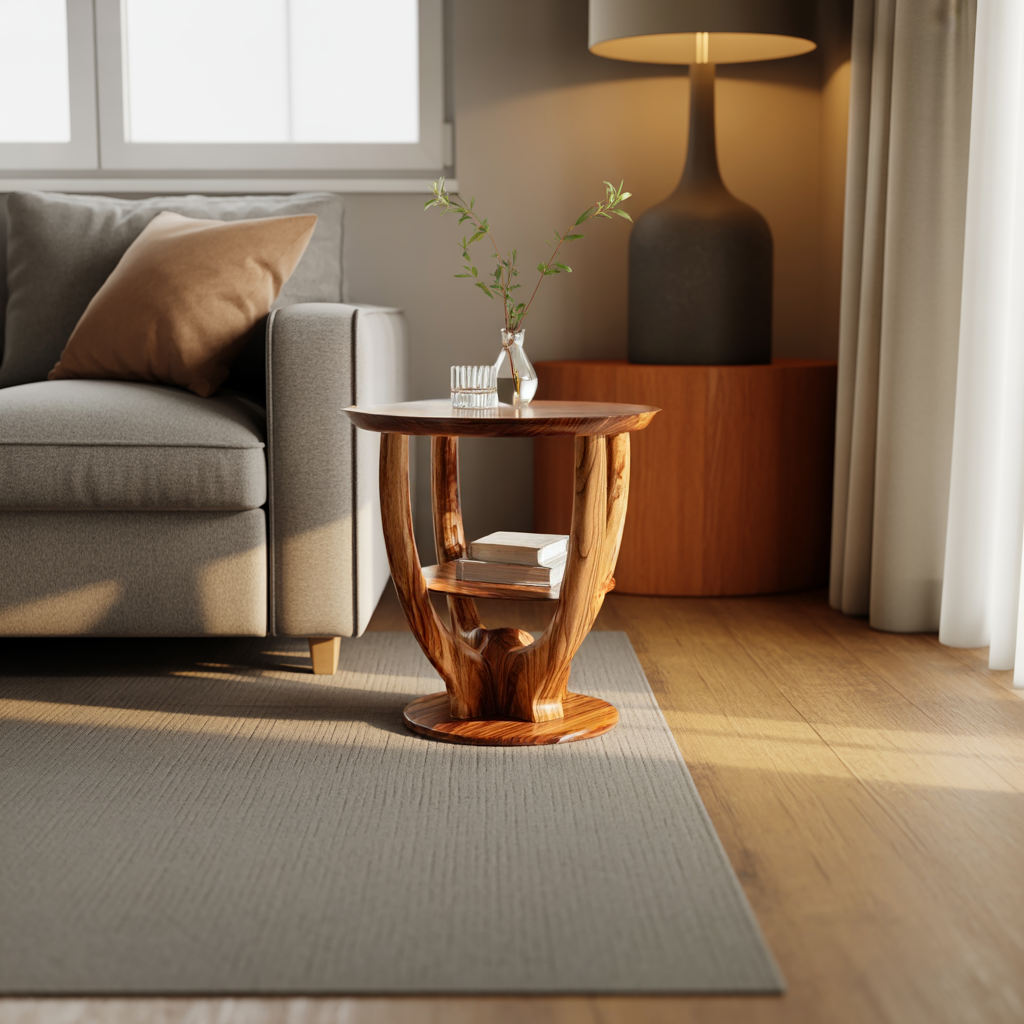 Round Solid Wood End Table with Sculpted Open Base