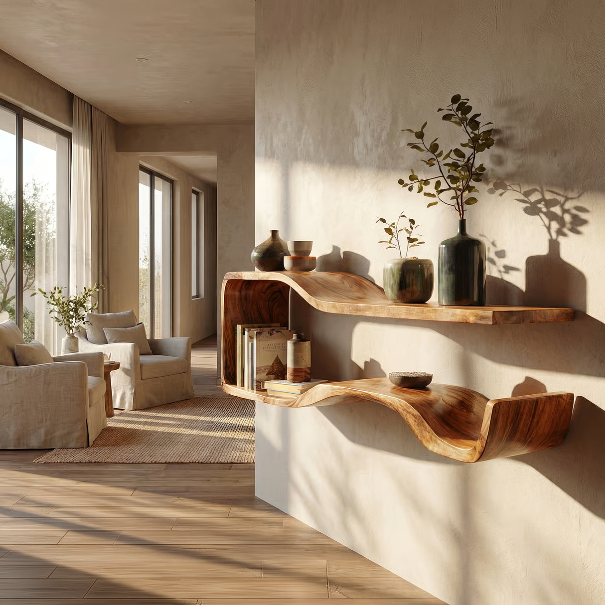 Organic Modern Solid Wood Floating Shelf with Wave Form