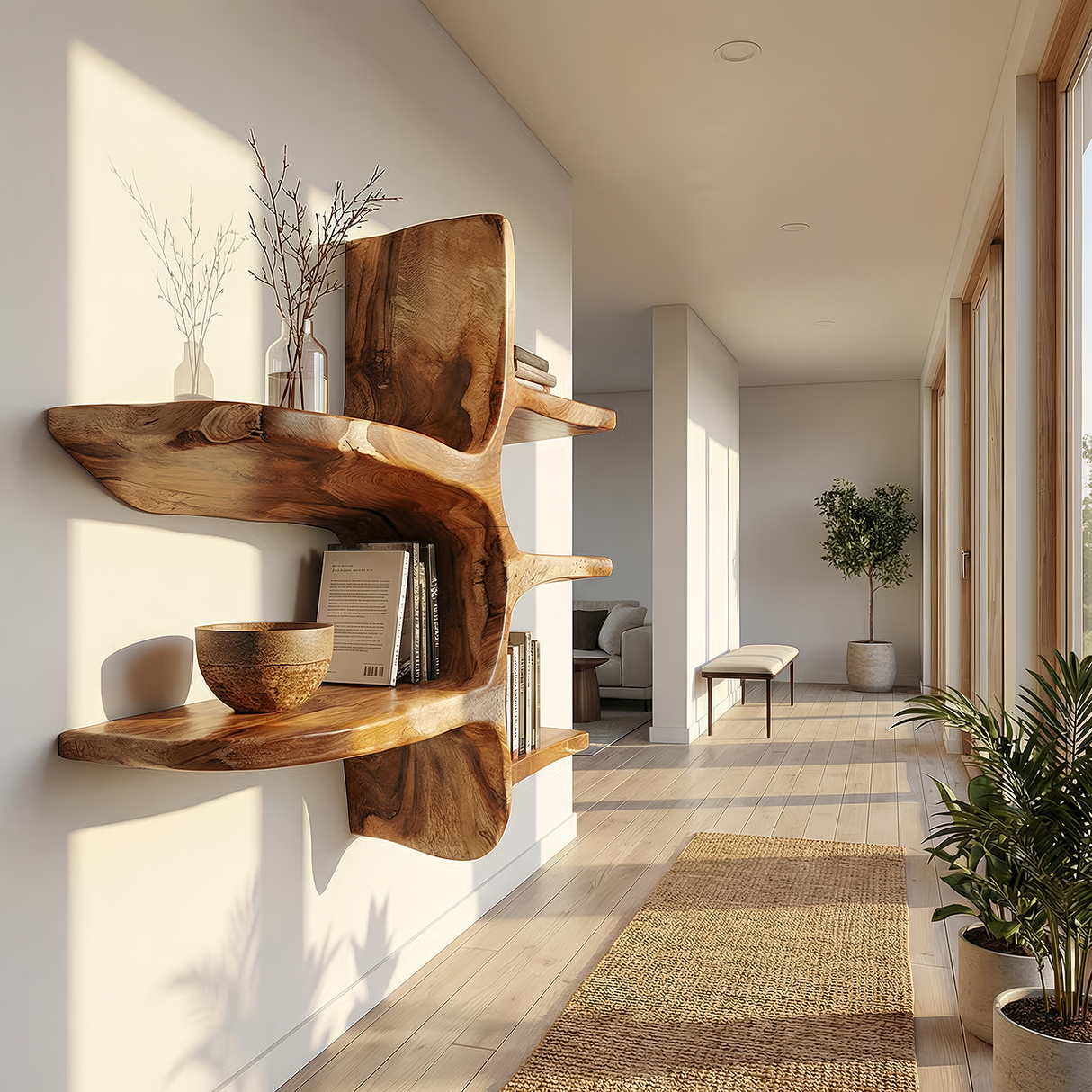 Sculptural Solid Wood Wall Bookshelf with Organic Branch Design