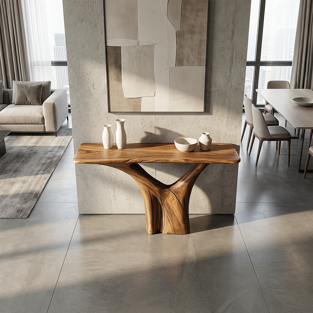 Solid Wood Sculptural Console Table with Tree Base