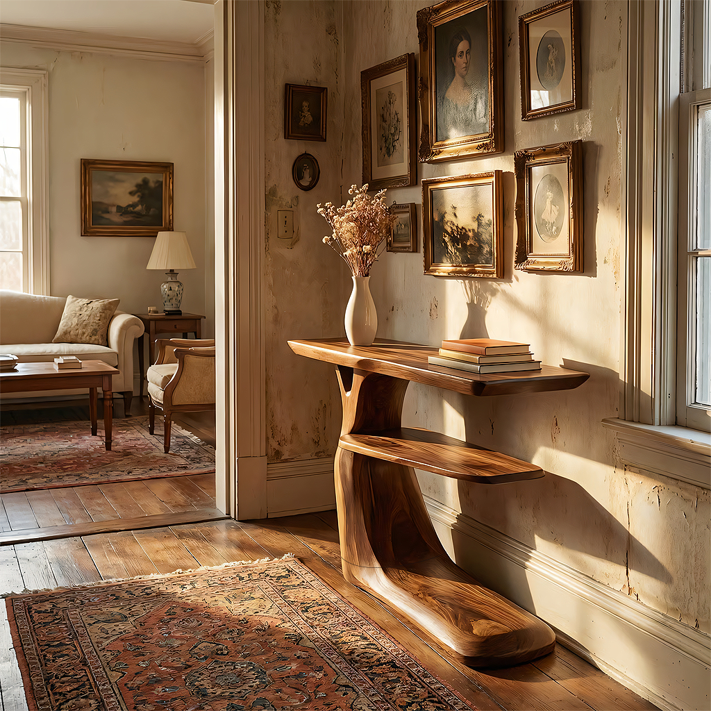 Organic Solid Wood Entryway Console with Sculpted Base