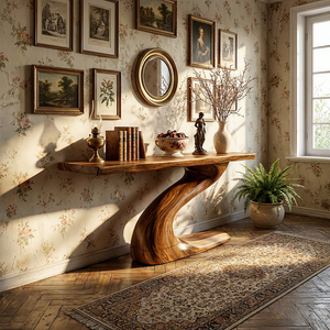 Floating Solid Wood Console Table with Curved Sculptural Base