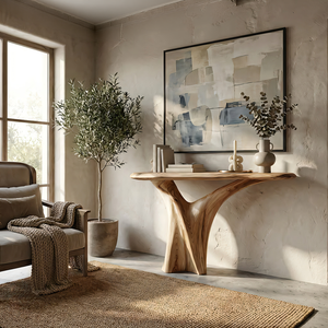 Organic Solid Wood Console Table with Sculpted Pedestal Base