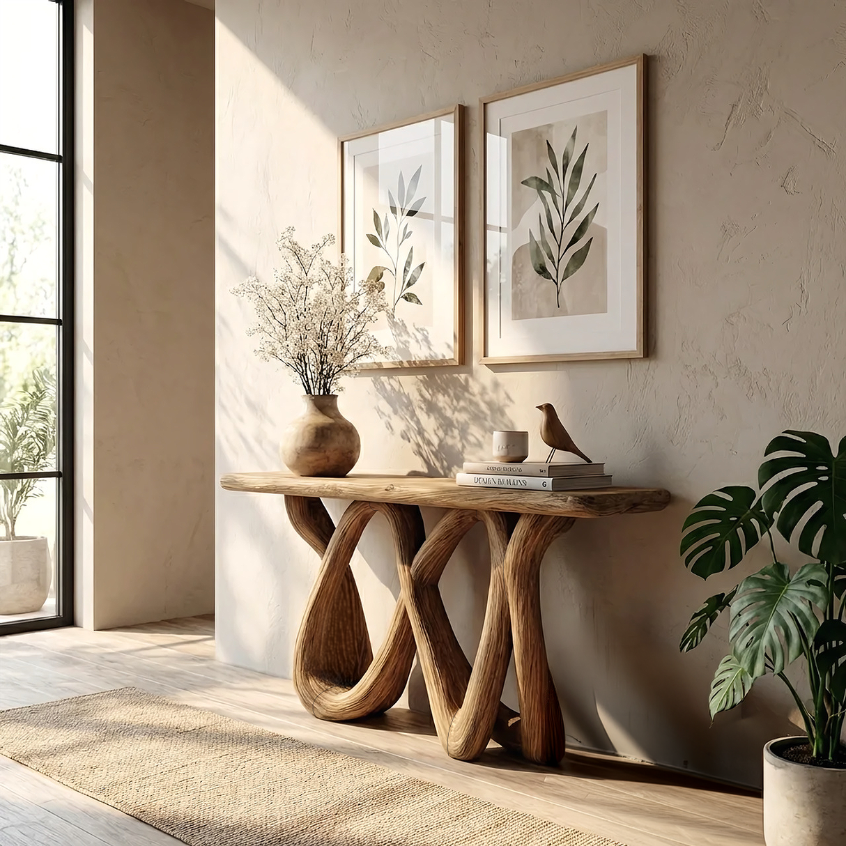 Wave Sculpted Solid Wood Console Table in Natural Oak Finish