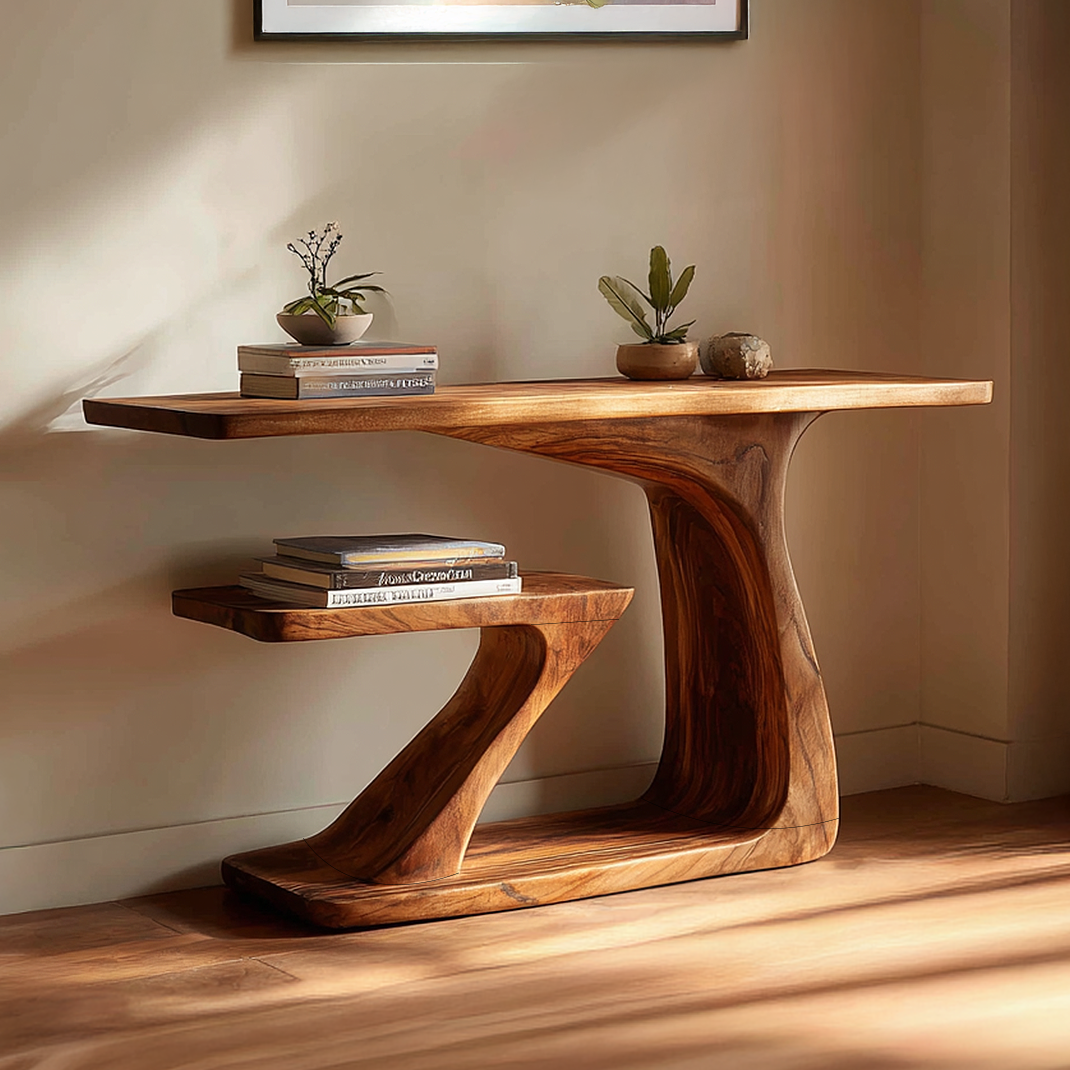 Two-Tier Solid Wood Console Table with Sculpted Z Base