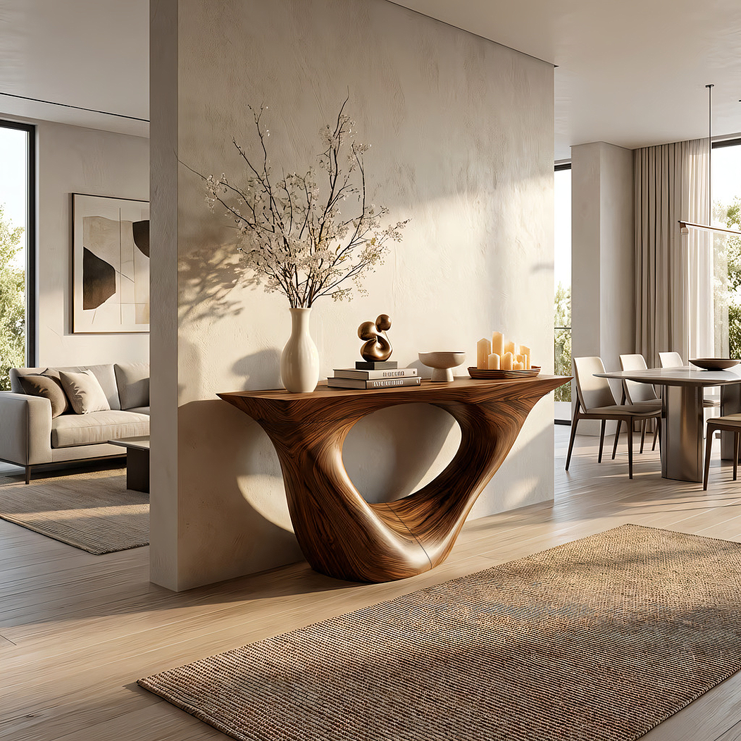 Organic Sculpted Solid Wood Console Table with Architectural Base