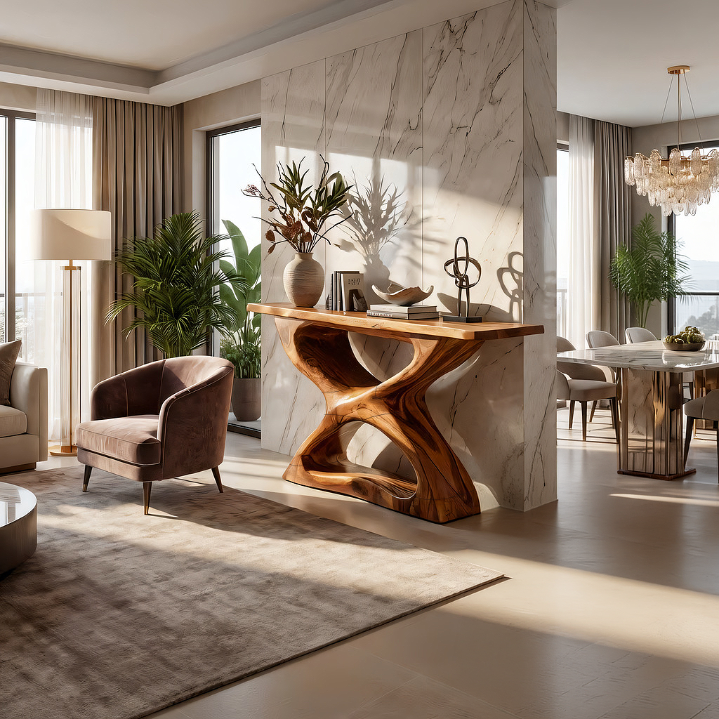 Handcrafted Natural Wood Console Table with Sculpted Base
