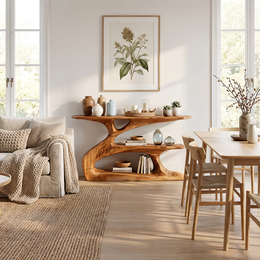 Sculptural Solid Wood Console with Integrated Shelf