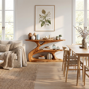 Sculptural Solid Wood Console with Integrated Shelf