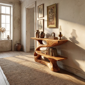 Modern Sculpted Wood Console Table with Open Shelf