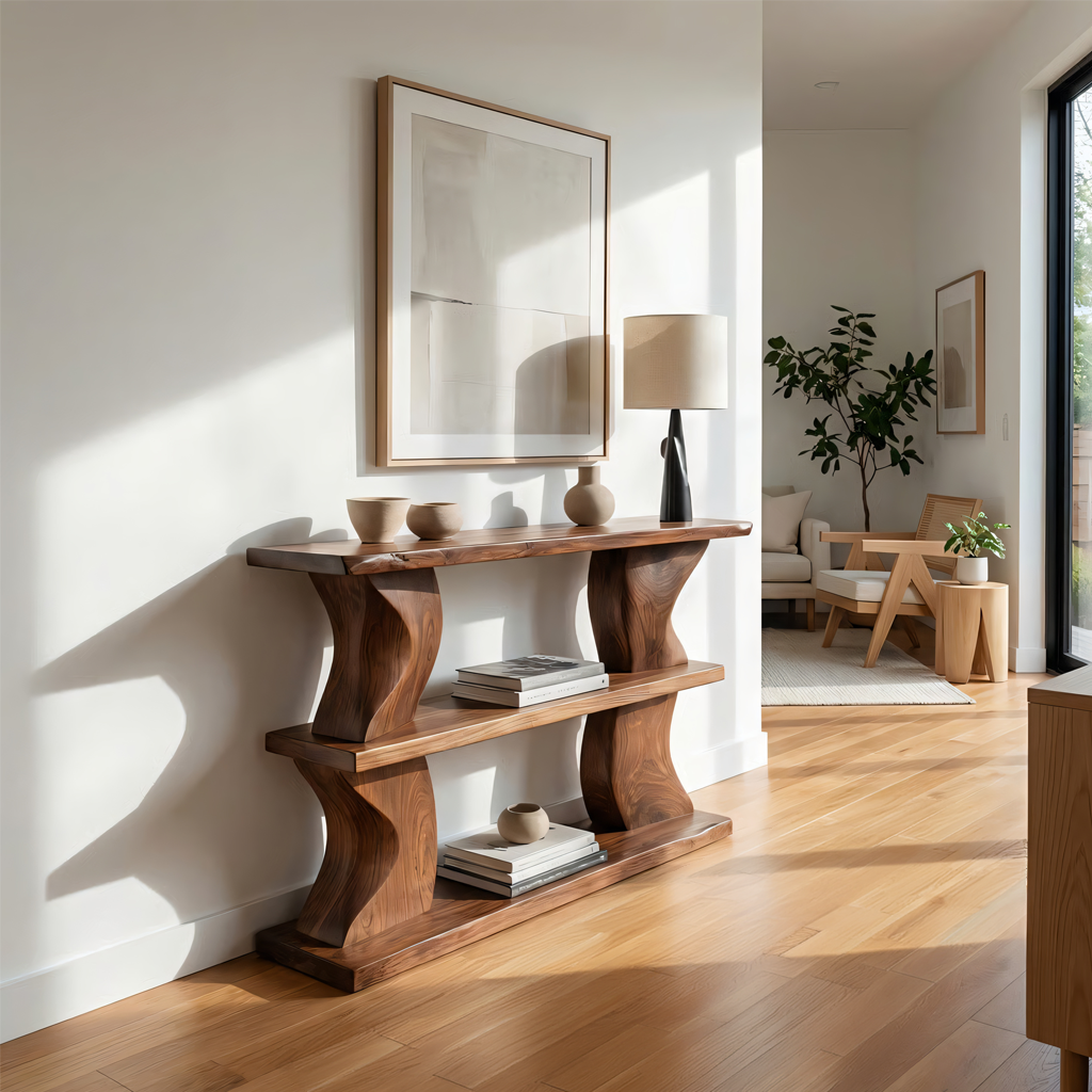 Solid Wood Console Table with Curved Sculptural Legs