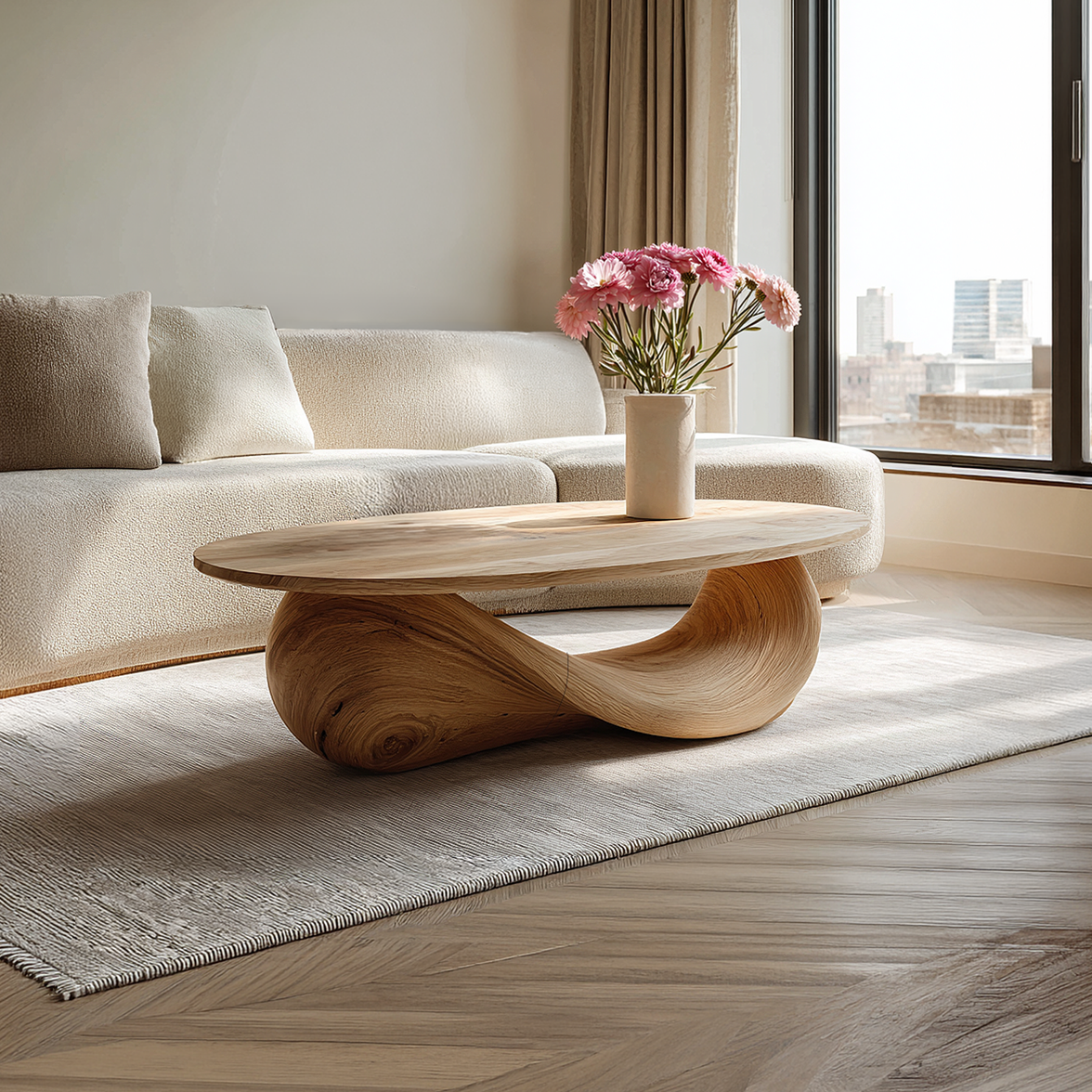 Organic Solid Wood Coffee Table Sculpted Loop Base