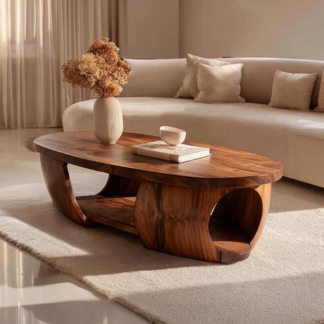 Solid Wood Oval Coffee Table with Sculptural Base