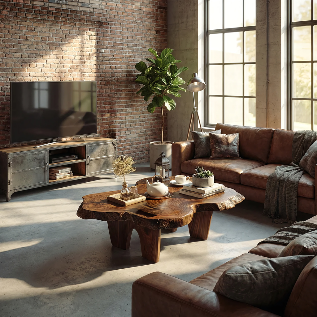 Rustic Live Edge Solid Wood Coffee Table for Loft