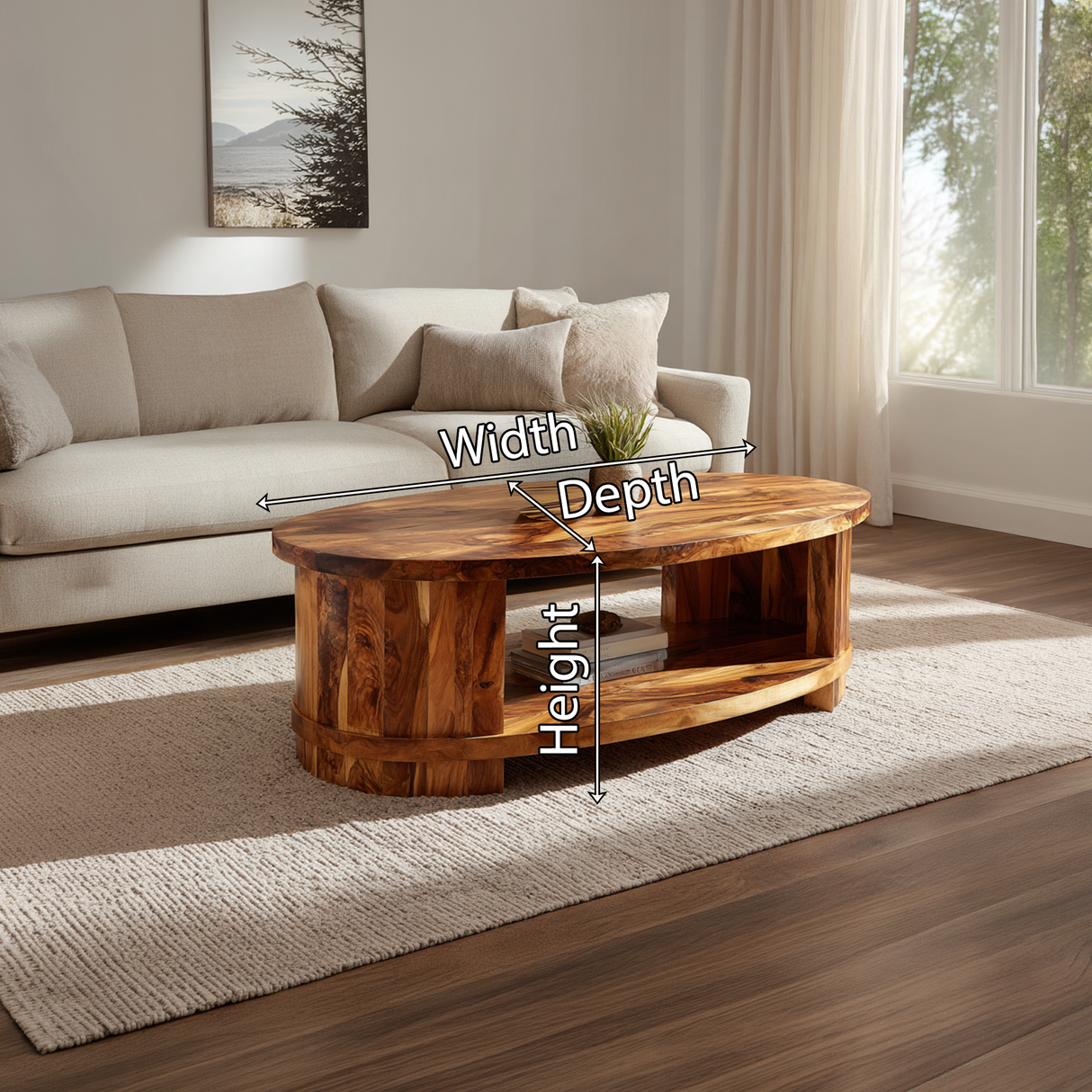 Oval Solid Wood Coffee Table with Shelf
