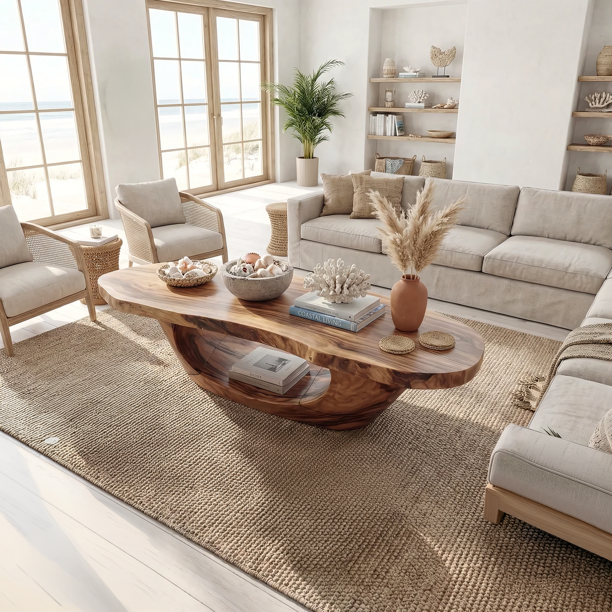 Live Edge Oval Wood Coffee Table with Sculpted Base