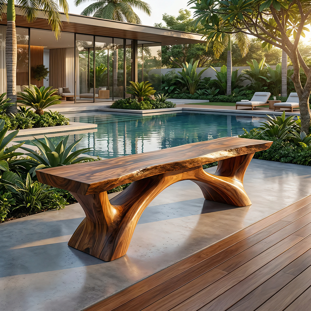 Live Edge Solid Wood Bench with Sculpted Base for Luxury Outdoor Spaces