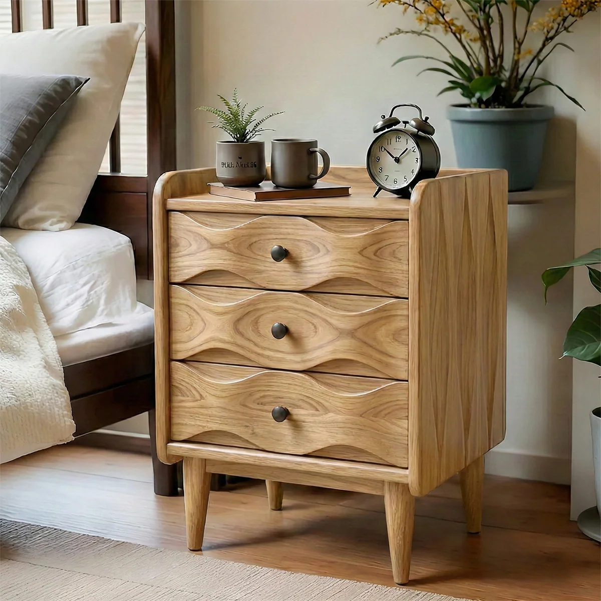 Handcrafted Solid Wood Bedside Table with Sculpted Drawers