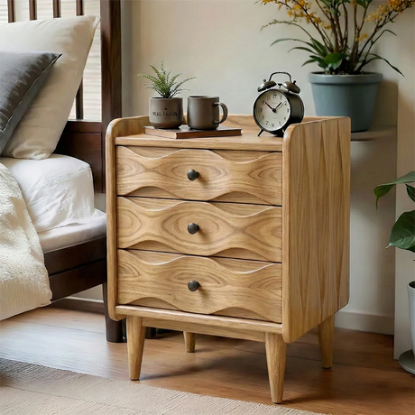 Handcrafted Solid Wood Bedside Table with Sculpted Drawers