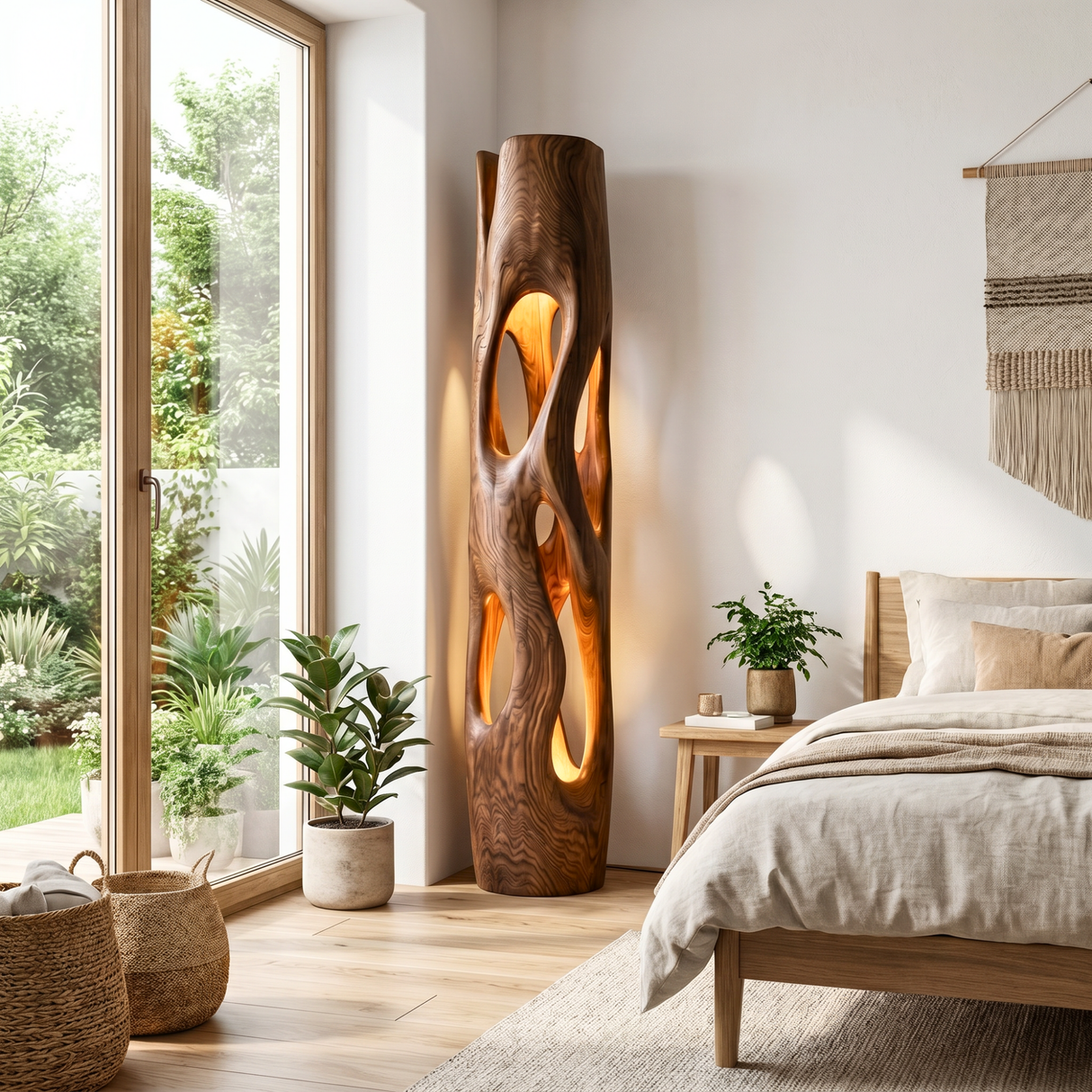 Tall Solid Wood Floor Lamp with Sculptural Open-Cut Body and Warm Interior Light