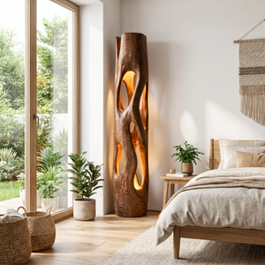 Tall Solid Wood Floor Lamp with Sculptural Open-Cut Body and Warm Interior Light