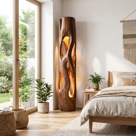 Tall Solid Wood Floor Lamp with Sculptural Open-Cut Body and Warm Interior Light