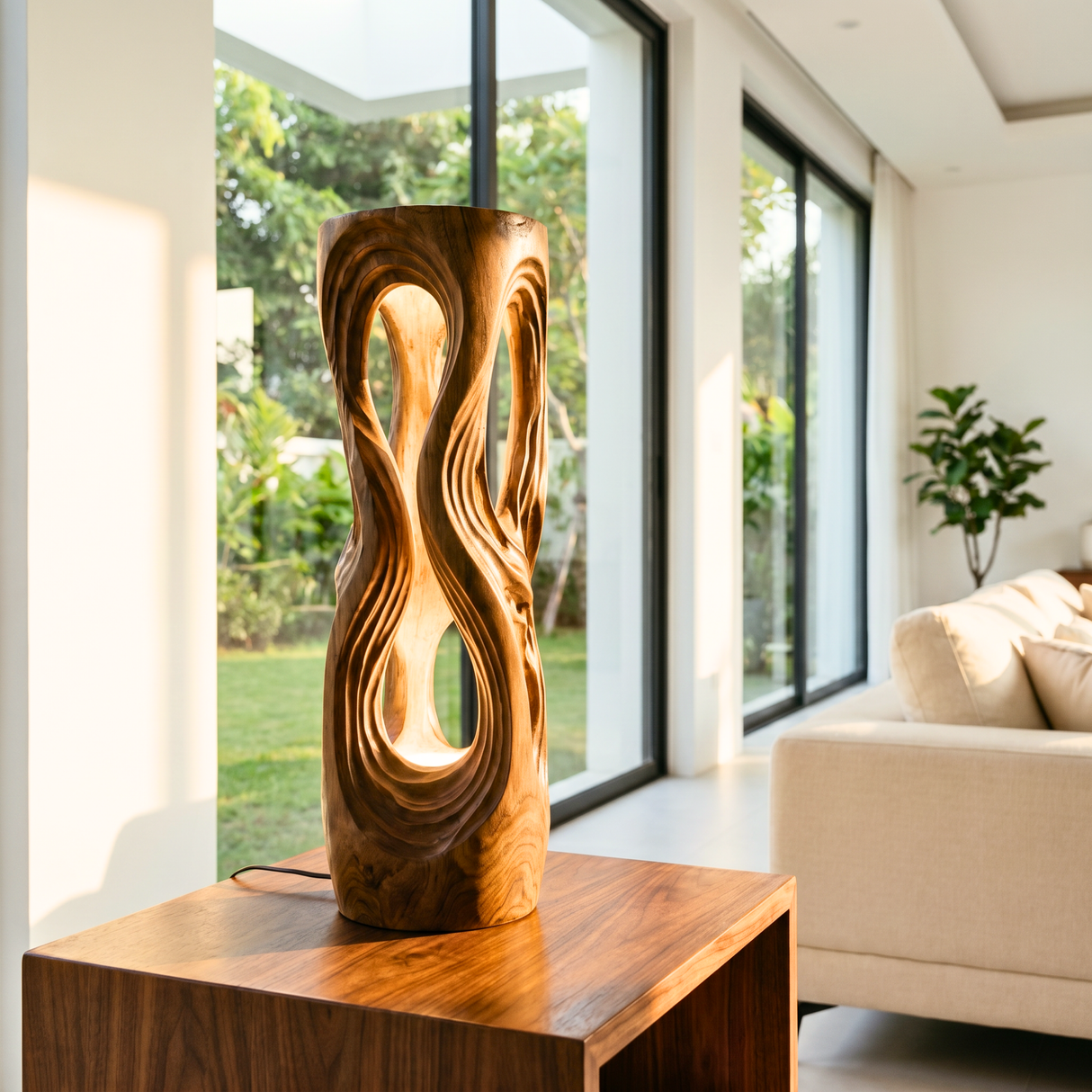 Luminous Flow Wood Floor Lamp with Organic Openwork