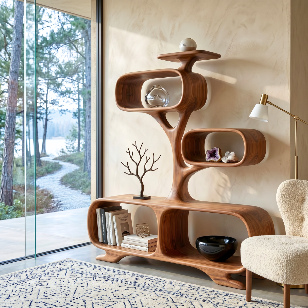 Organic Solid Wood Display Shelf with Tree-Inspired Open Compartments