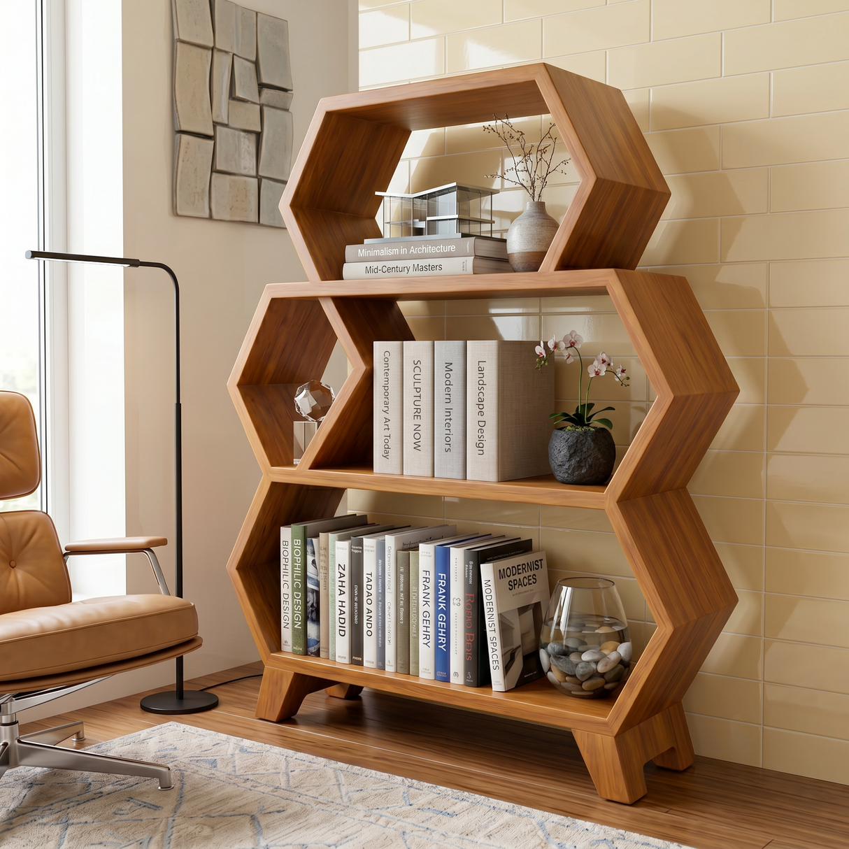 Solid Wood Hexagon Bookshelf with Open Display Shelves