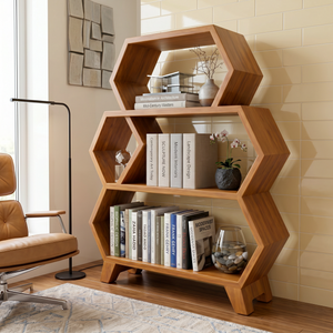 Solid Wood Hexagon Bookshelf with Open Display Shelves