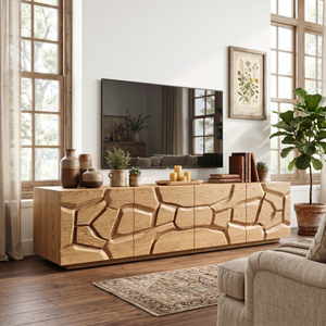 Solid Wood TV Console with Geometric Carved Door Fronts