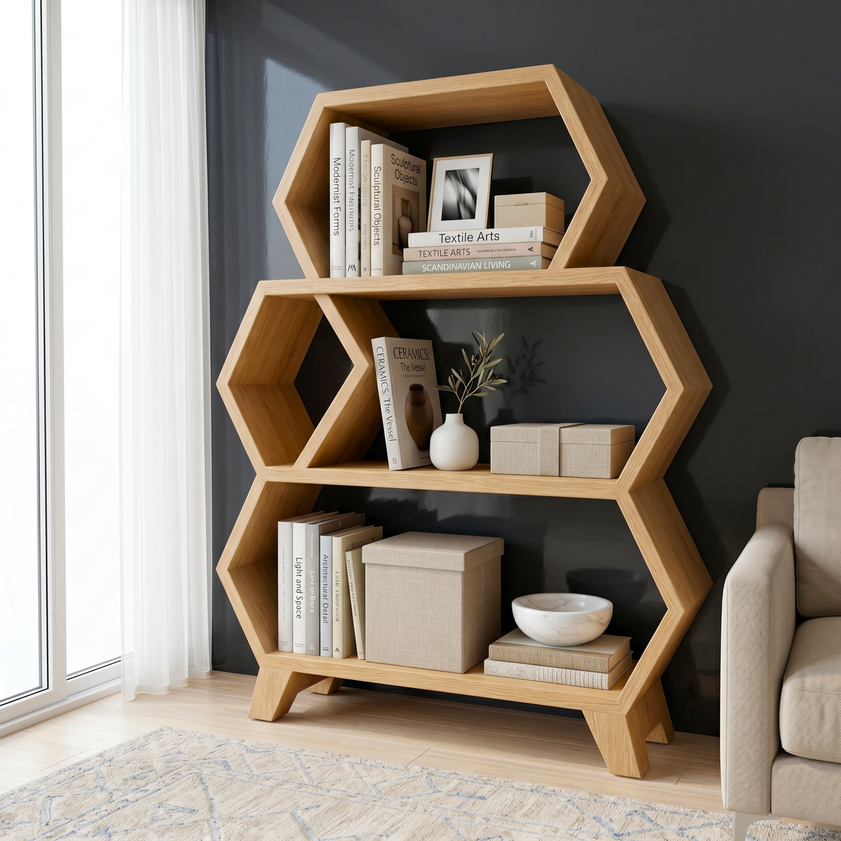 Solid Wood Hexagon Bookshelf with Open Display Shelves