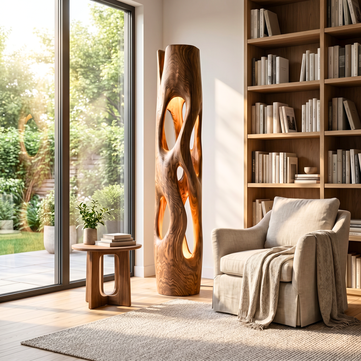 Tall Solid Wood Floor Lamp with Sculptural Open-Cut Body and Warm Interior Light