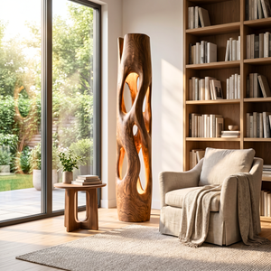 Tall Solid Wood Floor Lamp with Sculptural Open-Cut Body and Warm Interior Light