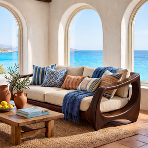 Handcrafted Solid Wood Sofa with Open Sculptural Arms for Living Room