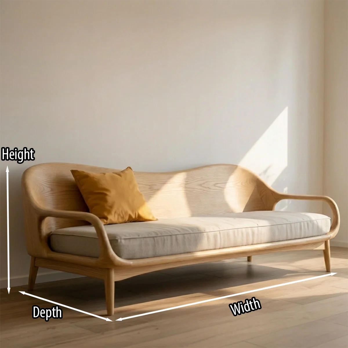 Mid-Century Modern Solid Wood Sofa Curved Scandinavian Wooden Frame Couch with Upholstered Cushion